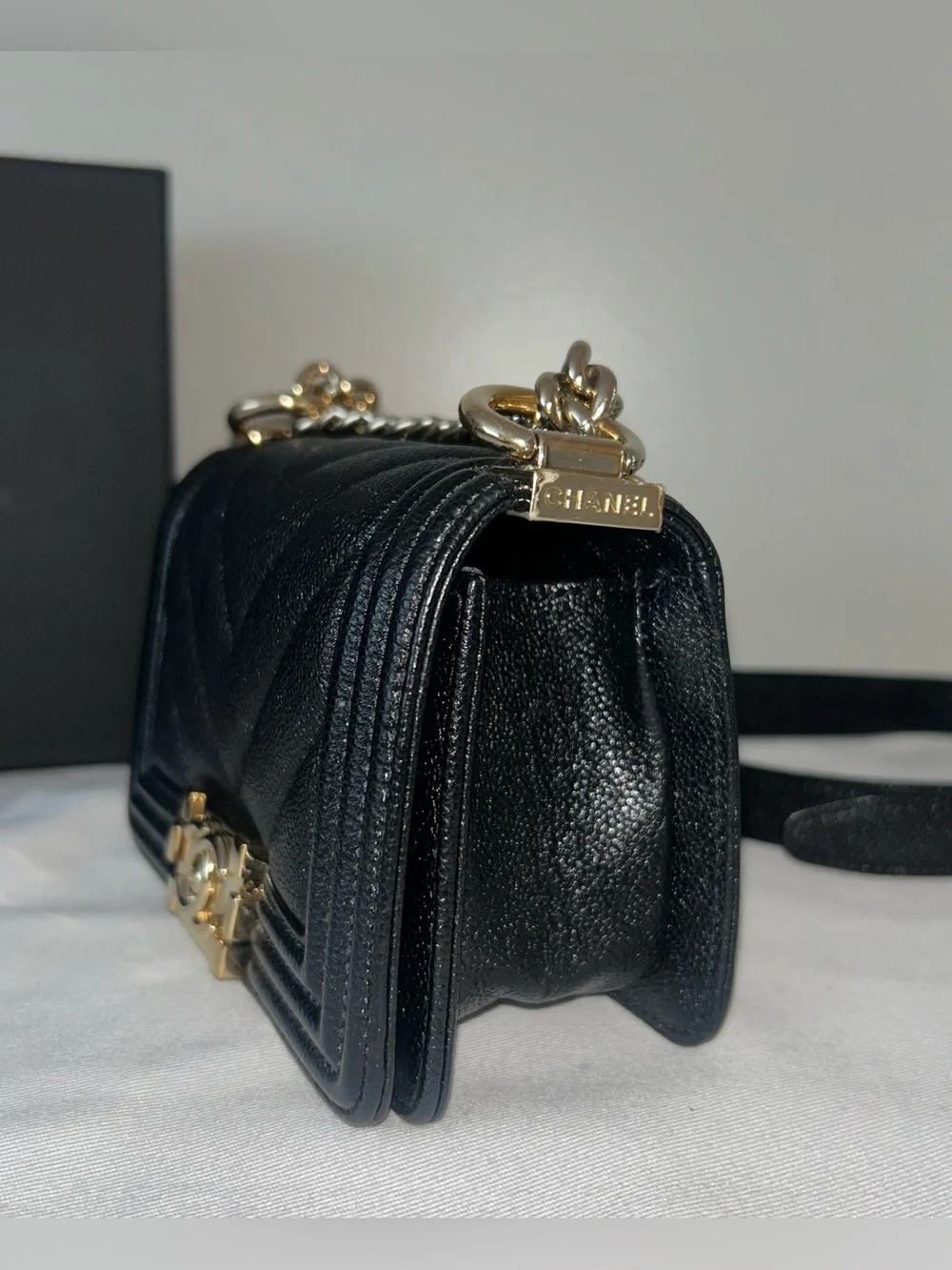 CHANEL Mini Boy Flap Bag Caviar Chevron Quilted Black/Gold